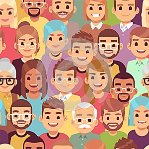 People seamless pattern. Multi ethnic men and women. African, european and asian humans, multicultural crowd, vector photo