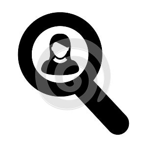 People search icon vector female user person profile avatar symbol with magnifying glass in flat color glyph pictogram