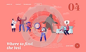 People Search Yeti Landing Page Template. Reading Fairy Tales about Bigfoot Character, Shaggy Beast with Long Brown Hair