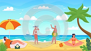 People at the seaside resort. Man and woman on vacation. Female character lying on chaise in sunglasses under umbrella