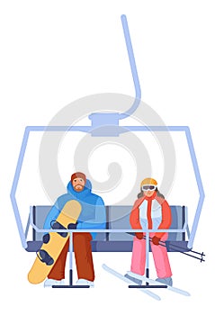 People seating in funicular with winter sport equipment