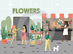 People selling fresh flower bouquet, cactus succulent plant in flower shop, flat vector illustration. Florist service.