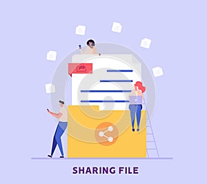 People send files for business. Concept of sharing file, data transfer, transfer of documentation, cloud service, file management