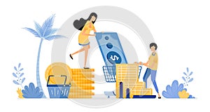 People set budgets to save expenses. Pay for groceries and monthly bills. Vector design illustration can be used for poster,