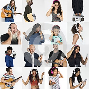 People Set of Diversity People Enjoying Music Studio Collage