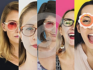 People Set of Diversity Women Wearing Eyeglasses Studio Collage