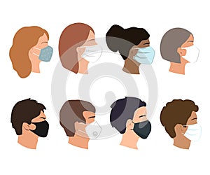 People set faces with medical masks. Coronavirus prevention concept. Different gender, ethnicity, and color woman and