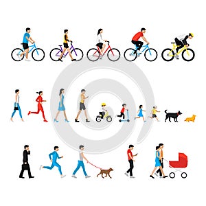 People set. Man, woman, children, boy, girl, dog. People in activity