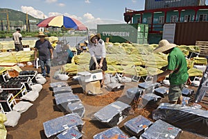 People set the pyrotechnic equipment for the fireworks contest in Macau, China.