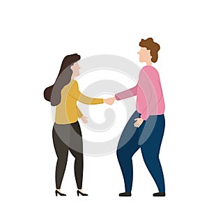 People shake hands. Partnership and business deals concept. Man and woman greet each other by shaking hands. Flat vector