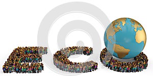 People shape as ECO letter with globe isolated on white background. 3D illustration.