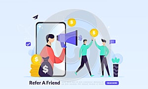 People share info about referral and earn money. Refer A Friend Concept, affiliate marketing, landing page template for banner,