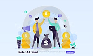 People share info about referral and earn money. Refer A Friend Concept, affiliate marketing, landing page template for banner,