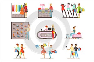 People shopping and buying clothes and shoes set, clothing store interior colorful vector Illustrations isolated