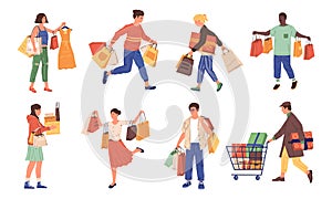 People shopping. Cartoon buyers with bags and carts. Men or women carry purchases from clothing store and supermarket
