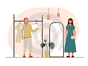 People shopping flat vector illustrations set. A salesperson in a clothing store offers a customer to try on clothes.