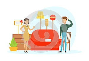 People Shopping in Furniture Store, Female Shop Assistant Helping Man to Choose Sofa Vector Illustration