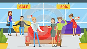 People Shopping in Furniture Store, Shop Assistant Helping Family Couple to Choose Sofa Vector Illustration