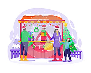 People are shopping for gifts in the Christmas street market shop. Mother with her daughter is shopping. Vector illustration