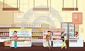 People shopping in grocery store. Supermarket retail interior with customers flat vector illustration