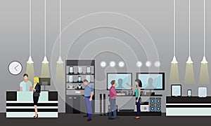 People shopping in a mall. Consumer electronics store Interior. Vector illustration. Design elements and banners flat