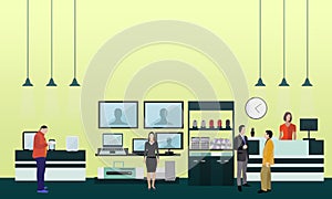People shopping in a mall. Poster concept. Consumer electronics store Interior. Colorful vector illustration.