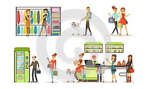 People Shopping in Mall Set, Customers Choosing Apparel and Buying Groceries in Supermarket Cartoon Vector Illustration