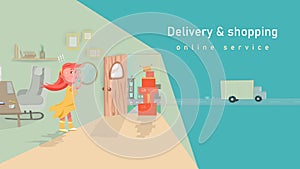 People shopping online and delivery service, transportation technology concept, girl cartoon character, interior home idea