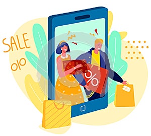 People shopping online, sale in mobile app store, happy couple vector illustration