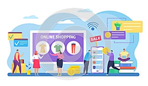 People shopping online vector illustration, cartoon tiny shoppers characters buying clothes on internet sale in mobile