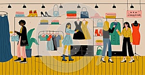 People shopping in retail store, clothes shop, fashion boutique