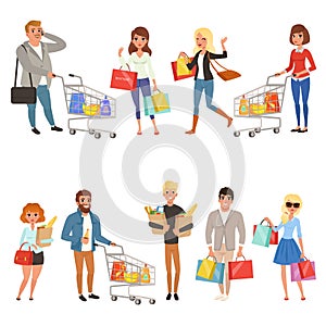 People shopping set. Flat cartoon characters in supermarket with shopping carts and paper bags with food. Vector
