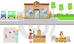 People Shopping for Shoes in Store Set, Shoe Shop Building and Interior Elements Vector Illustration