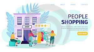 People shopping in store, web page vector illustration. Man woman character in business shop with flat sale concept