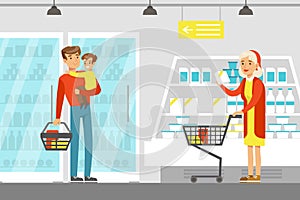 People Shopping in Supermarket and Buying Grocery and Dairy Products, Grocery Shop Interior Cartoon Vector Illustration