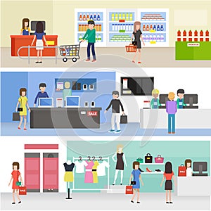 People shopping in supermarket, buying product in clothing, electronics and grocery store