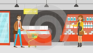 People Shopping in Supermarket, Customers Buying Grocery Products, Grocery Shop Interior Cartoon Vector Illustration