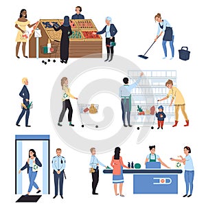 People shopping in supermarket, grocery store vector illustration