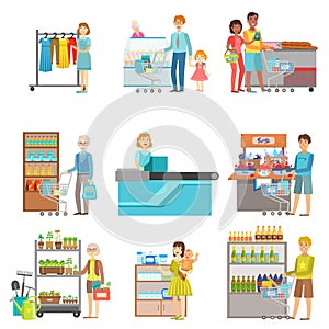 People Shopping In Supermarket Set Of Illustrations