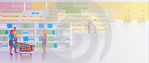 People shopping in Supermarket Store Shop Mall Flat vector illustration. Couple Man and Woman buying products food with shopping