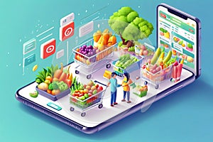 People Shopping their Day to day Groceries from an App Isometric Artwork Concept