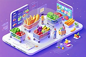 People Shopping their Day to day Groceries from an App Isometric Artwork Concept