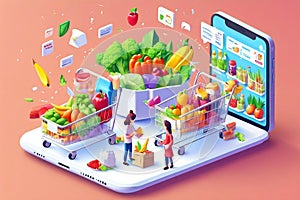 People Shopping their Day to day Groceries from an App Isometric Artwork Concept