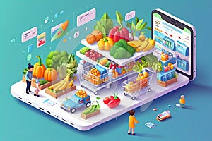 People Shopping their Day to day Groceries from an App Isometric Artwork Concept