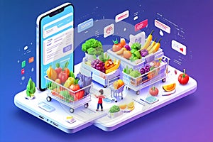 People Shopping their Day to day Groceries from an App Isometric Artwork Concept