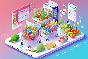 People Shopping their Day to day Groceries from an App Isometric Artwork Concept