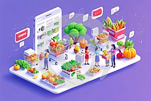 People Shopping their Day to day Groceries from an App Isometric Artwork Concept