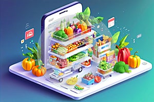 People Shopping their Day to day Groceries from an App Isometric Artwork Concept