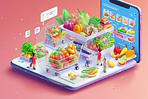 People Shopping their Day to day Groceries from an App Isometric Artwork Concept