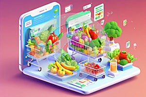 People Shopping their Day to day Groceries from an App Isometric Artwork Concept